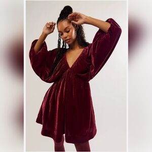 Free People Portia Exquisite Velvet Mini Dress Plunge V Neck,wine Pockets XLARGE
